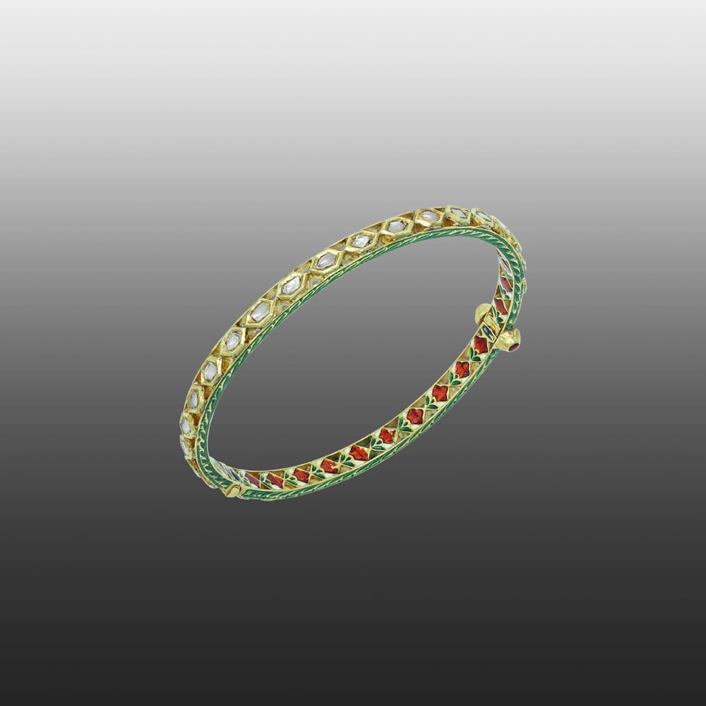 Geometric Polki Bangle with Red Enamel Accents